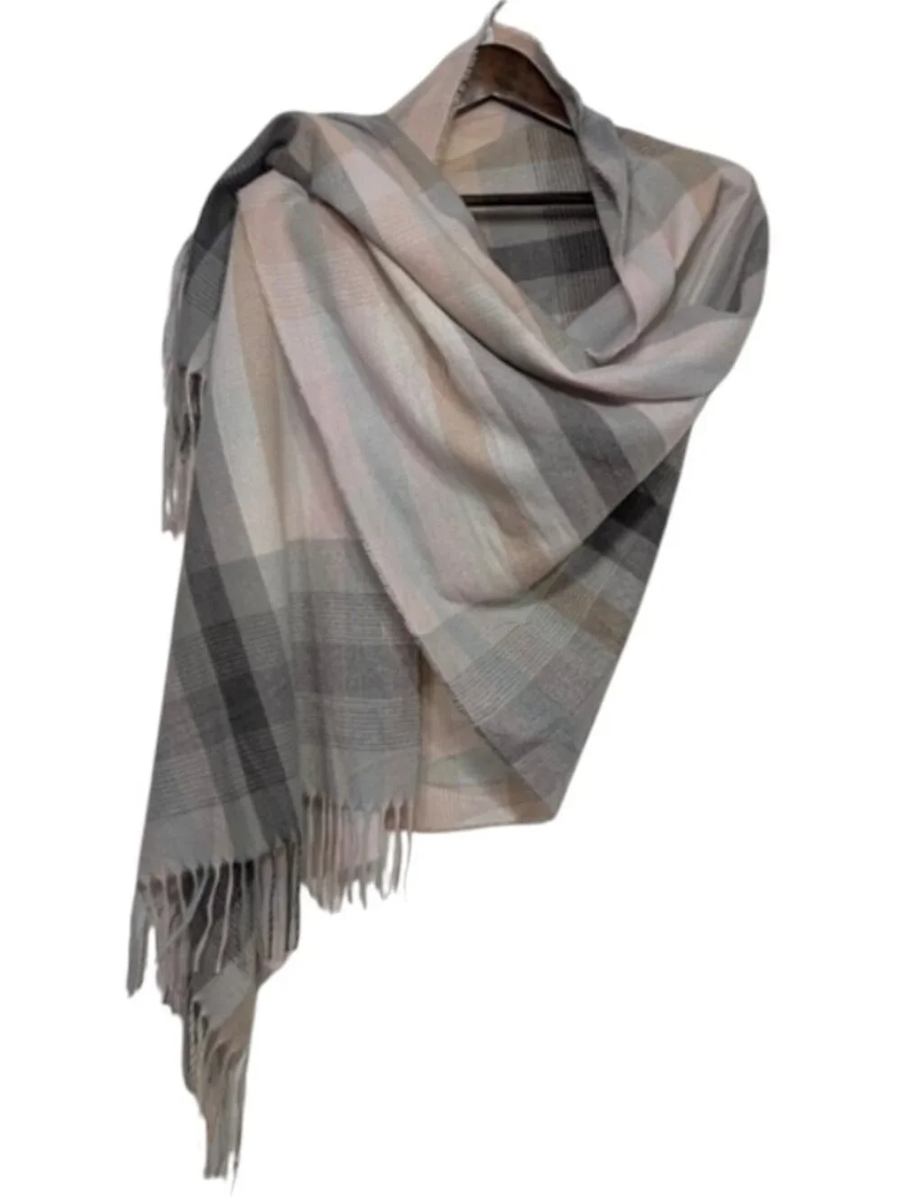 Nine West Plaid Scarf Shoulder Wrap Gray Pink Tan Wide Checkered Fringe